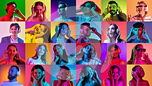 Music lovers. Collage of ethnically diverse people, men and women expressing emotion of pleasure over multicolored neon