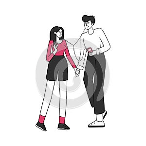 Music lovers couple vector illustration. Favorite song, romantic date. Young girl and boy holding hands, people