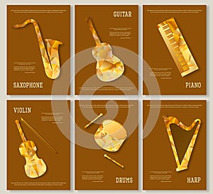 Music magazine layout flyer invitation saxophone violin piano drums guitar harp triangular design. Vector musical