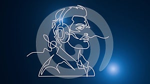 Music man head with headphones, in the style of one line light painting with music notes, 3D animation