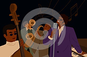 Music man playing musician instrument and singing vector graphic illustration. Artistic male jazz band play on saxophone