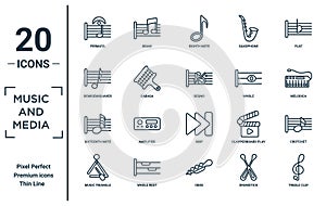 music.and.media linear icon set. includes thin line fermata, demisemiquaver, sixteenth note, music triangle, treble clef, segno, photo