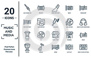 music.and.media linear icon set. includes thin line jack connector, eight note rest, djembe, timpani, music player settings,