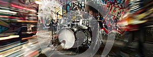 When music meets urban expression: a hard rock drummer in blurred motion amidst vivid street art graffiti.