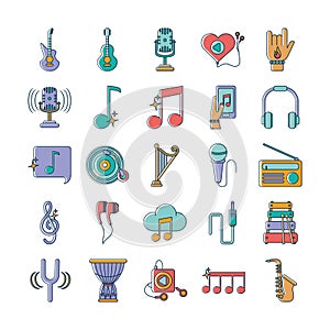 Music melody sound audio icons set line and fill style