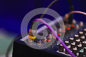 Music mixer control panel. Closeup
