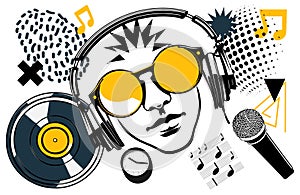 Music modern collage with microphone, disco sphere, dj element for club party poster. Pop art composition with sound