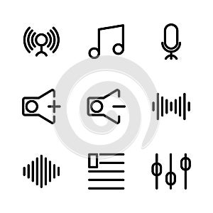 Music and multimedia icon set outline include circle,music,start,play,signal,phase,connecting,tone,tone,rhythm,speak,microphone,