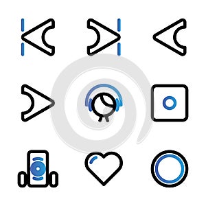 Music and multimedia icon set outline include volume,sound,music,mute,skip,start,audio player,end,play,earphone,headset,headphone,