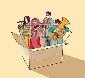 Music and musicians people group in box color