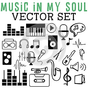 Music In My Soul Vector Set with keyboards, music notes, headsets, microphones, cassette tapes, guitars, and saxophones..