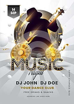 Music Night party template or flyer design with silhouette guy playing guitar, woofers and venue details on grey rays.