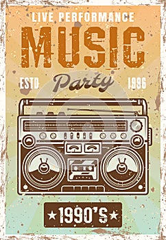 Music nineties party vintage poster with boombox