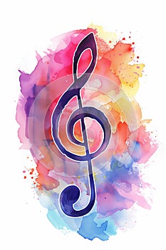 Music note background isolated on a white background showing a colourful watercolour painting of a treble clef