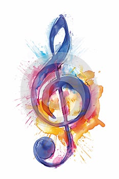 Music note background isolated on a white background showing a colourful watercolour painting of a treble clef
