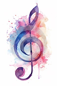 Music note background isolated on a white background showing a colourful watercolour painting of a treble clef