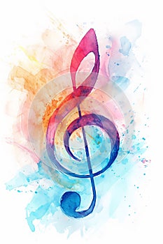 Music note background isolated on a white background showing a colourful watercolour painting of a treble clef