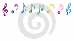 Music note background isolated on a white background showing a colourful watercolour painting of a treble clef and crotchets in a