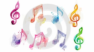 Music note background isolated on a white background showing a colourful watercolour painting of a treble clef and crotchets in a