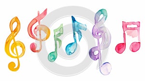 Music note background isolated on a white background showing a colourful watercolour painting of a treble clef and crotchets in a photo