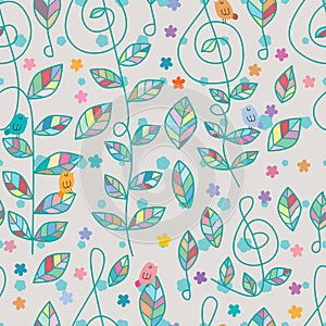 Music note bird leaf natural seamless pattern