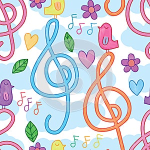 Music note bird stand watercolor seamless pattern