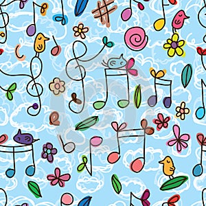 Music note cute bird seamless pattern