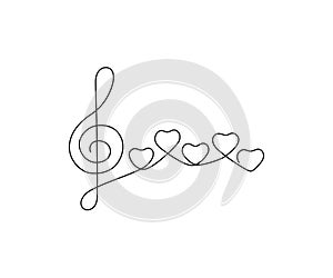 Music note in form heart and treble clef, continuous one art line drawing. Music is love concept. Hand drawn doodle