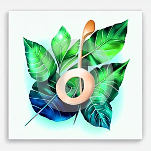Music note with green leaves on white background. 3D illustration. AI generated