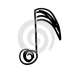 Music note hand drawn and doodle design. Sketch of melody and musical symbol in black silhouette style. Creative music icon