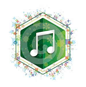 Music note icon floral plants pattern green hexagon button