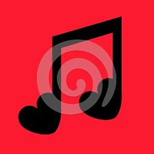 Music note icon. Heart shape sign symbol. Black silhouette. Song, melody or tune. Love greeting card, banner, invitation template