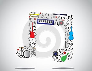 Music note icon made up of different musical instruments and notes with a bright white background