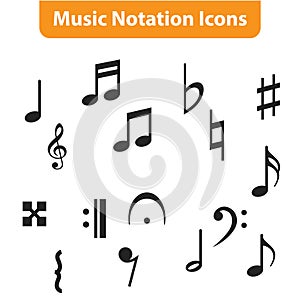 Music note icons vector set, Black symphony or melody signs isolated on white background.