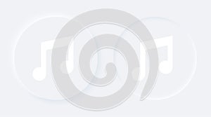 Music note key icon. Bright white gradient button. Internet song melody on circle shape symbol. Push click media player.