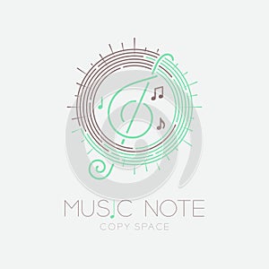 Music note with line staff circle shape logo icon outline stroke set dash line design illustration isolated on grey background