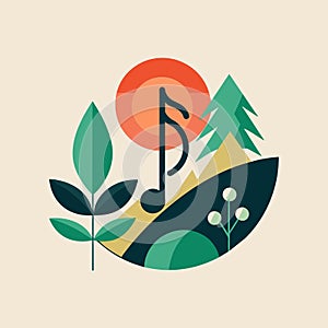A music note rests atop a hill covered in leaves, Explore the connection between music and nature in a minimalist composition