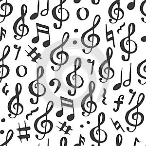 Music note seamless pattern vector illustration. Hand drawn sketched doodle music notes symbols