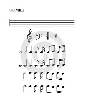 Music note set. Vector different music notes, stave, treble and bass clefs.