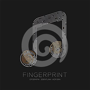 Music note sign pattern Fingerprint scan logo icon dash line, Musician concept, illustration gold and silver isolated on black