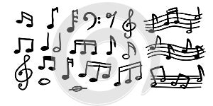 Music note sketch style. Doodle melody symbol set. Classic musical element collection