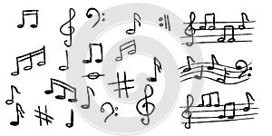 Music note sketch style. Doodle melody symbol set. Creative drawing sign isolated on white.