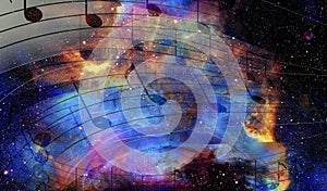 Music note and Space and stars with abstrtact color background.