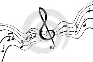 Music note staff on musical line waves on white for banner or poster design, vector illustration