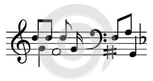 Music note vector sheet icon staff illustration design. Melody music note key sheet background design.