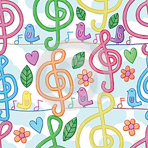 Music note watercolor vertical bird line seamless pattern