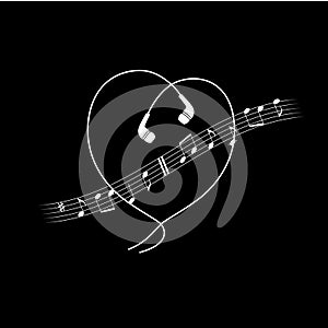 Music note wave with headphones in heart shape. Vector white on black t-shirt or poster design.
