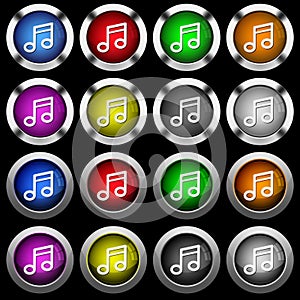 Music note white icons in round glossy buttons on black background