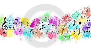 Vector Black Music Notes in Colorful Spatters and Splashes Background