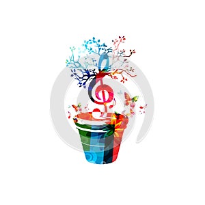 Music notes background. Colorful G-clef in flower pot isolated vector illustration. Treble clef design